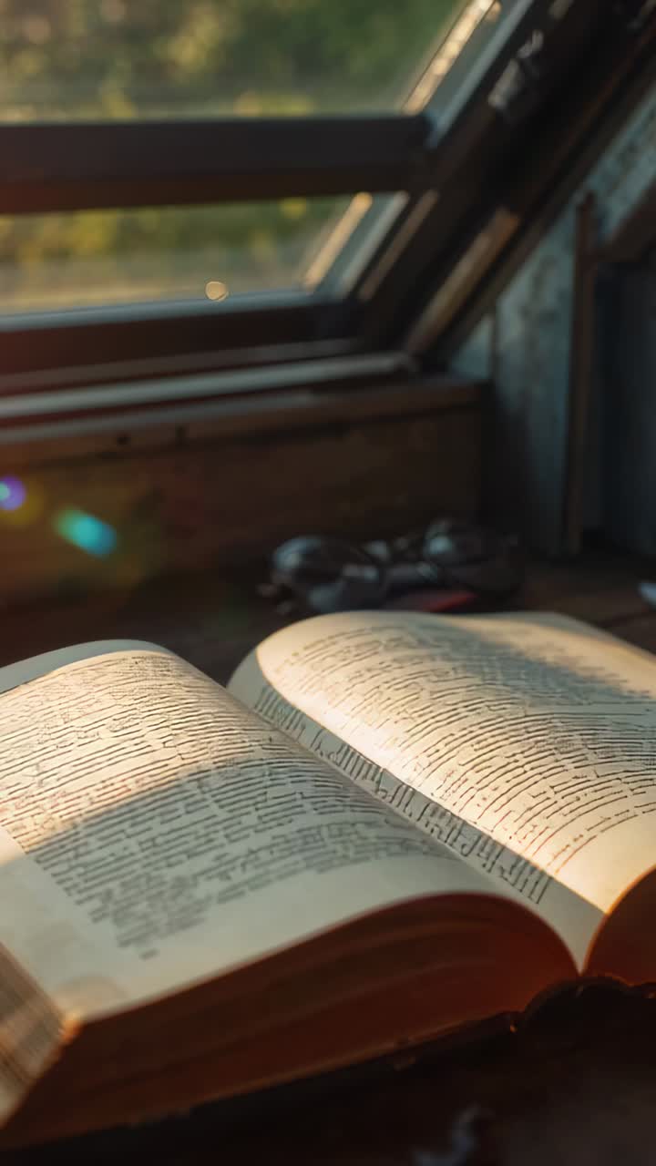 Video Vertikal: Kamera Bergerak Memperlihatkan Buku Terbuka di Ambang Jendela di Bawah Sinar Matahari Jendela Atap Membentuk Tumpukan Bokeh
