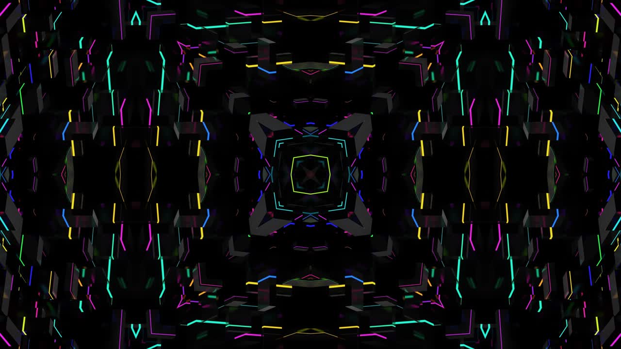 4k dark looped background with abstract symmetrical mechanism and neon light. Science fiction cyberpunk bg for show or events, exhibitions, festivals or concerts, music videos, VJ loop for night clubs