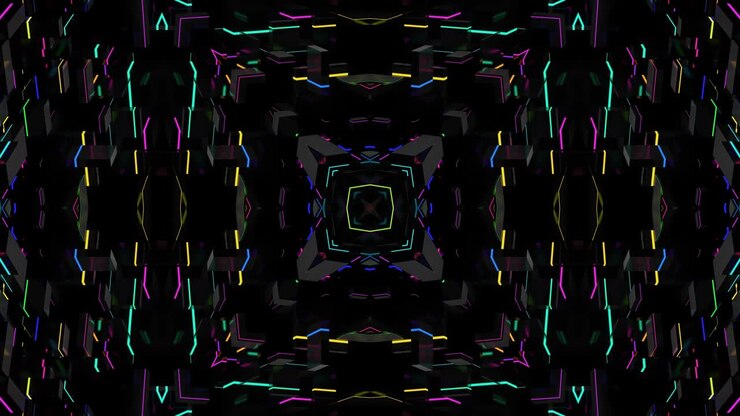 4k dark looped background with abstract symmetrical mechanism and neon light. Science fiction cyberpunk bg for show or events, exhibitions, festivals or concerts, music videos, VJ loop for night clubs