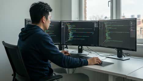 a focused programmer engaged in coding at a dual-monitor setup, highlighting the intensity of software development in a modern workspace environment