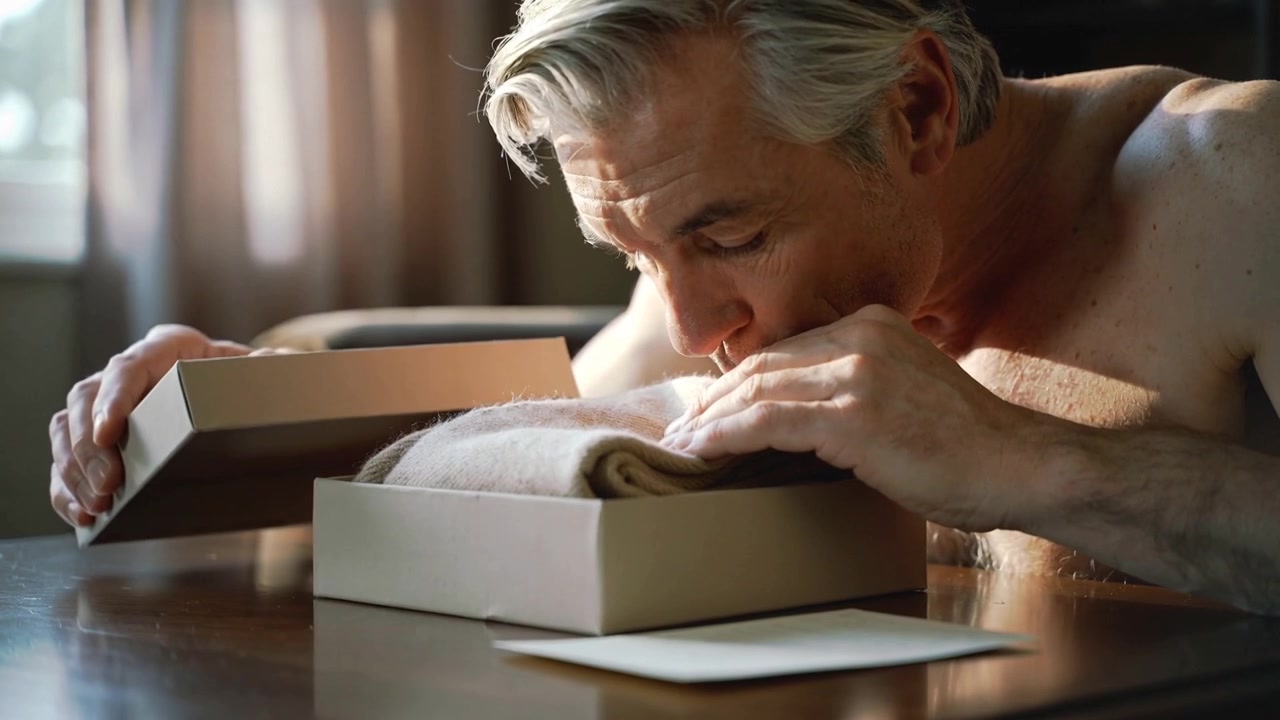 Lifting lid, shirtless man leaning at table by window, inspecting and smelling cloth with envelope