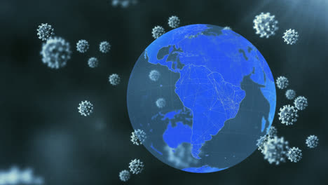 animation of covid-19 cells floating over a globe against light spot on grey background