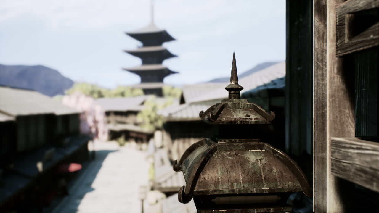 calle tradicional japonesa con pagoda en el fondo