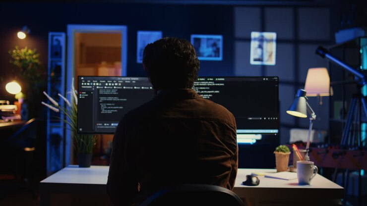 IT specialist in home office enjoying hot beverage while programming