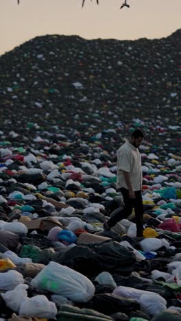 environmental activist walking on a huge pile of garbage with birds flying, searching for recyclable materials to demonstrate the impact of consumerism on the planet