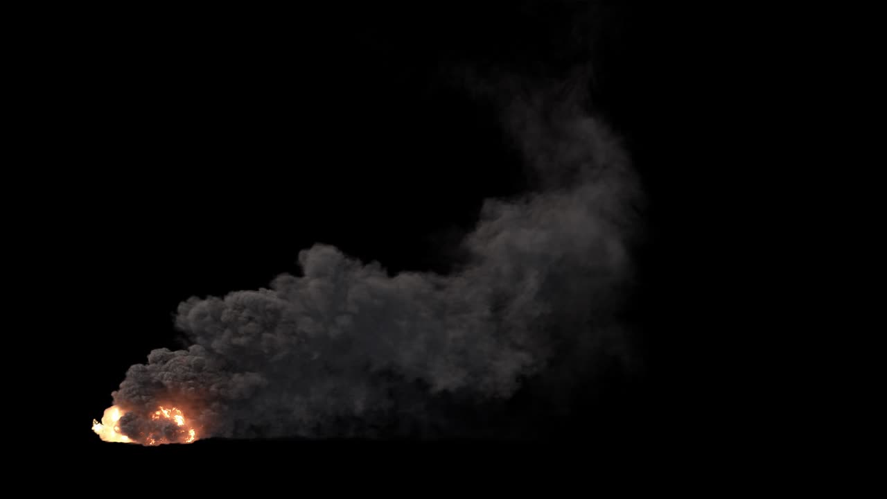 Continuous plume of thick, dark smoke rises from a fire at the base. VFX element for industrial accidents, fires, or pollution concepts, isolated on black