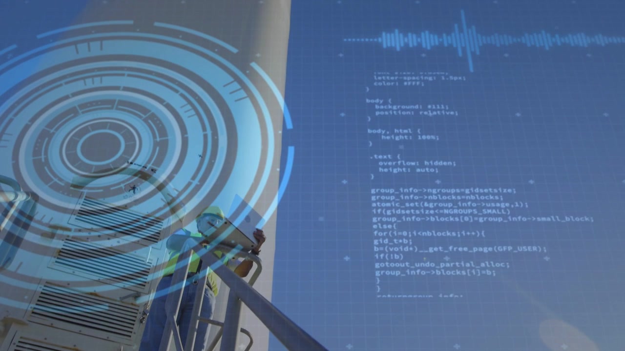 Camera tilting up revealing tech climbing ladder, inspecting blade with tablet, HUD showing data