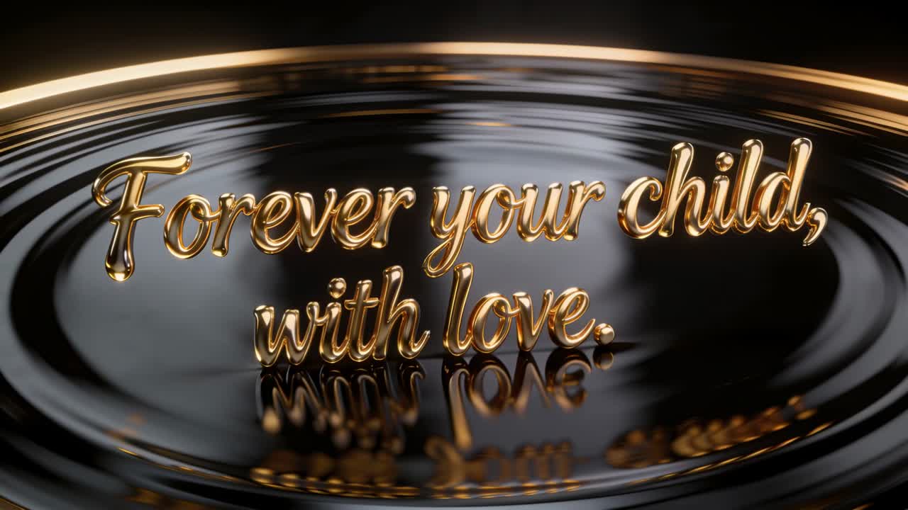 Camera pulling back revealing gold cursive text shifting on glossy pool in studio gold rim ripples