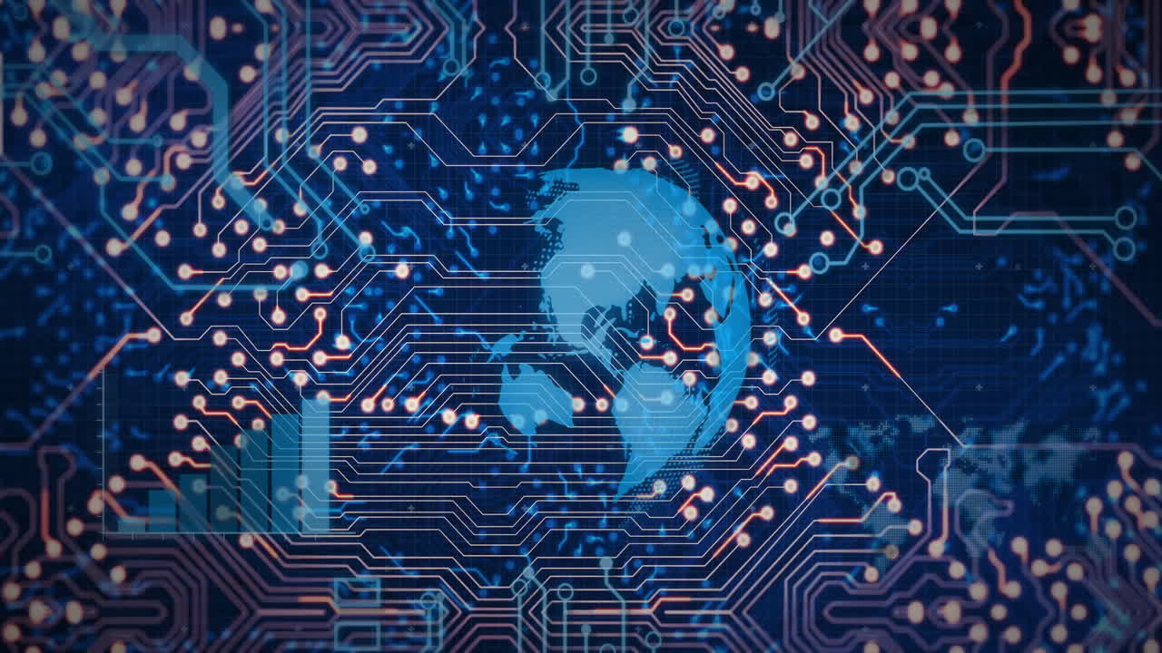 animación de la red global y de la placa de circuitos sobre fondo digital
