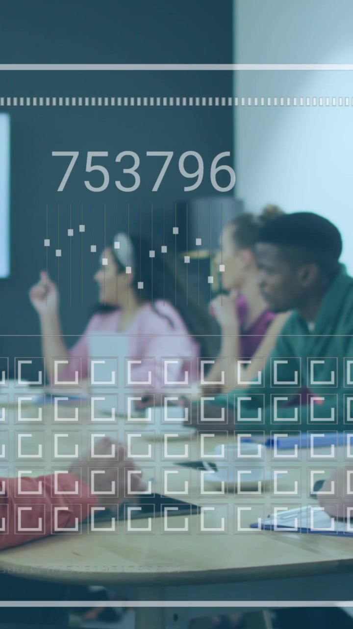Animation of financial data processing over diverse business people in office