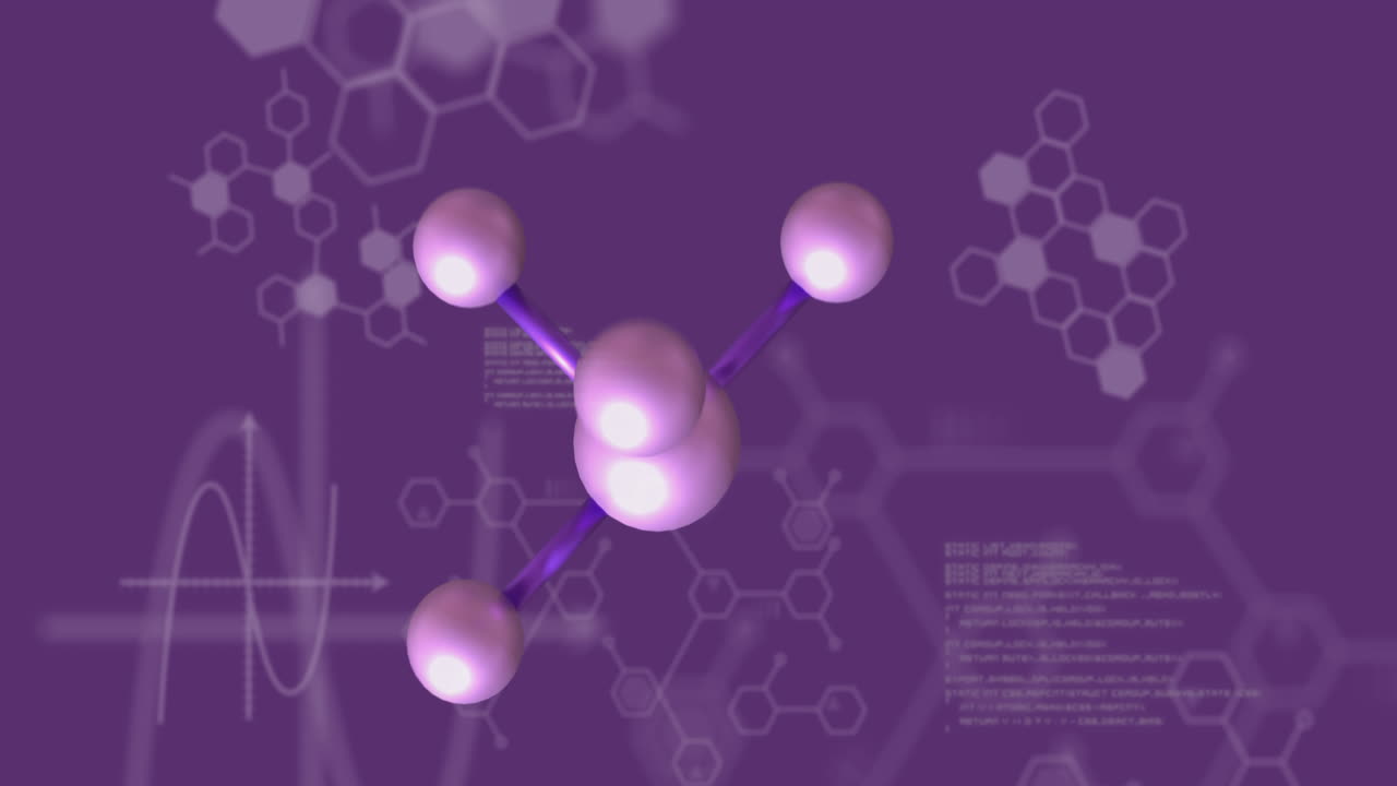 diagramas de estructuras moleculares, elementos y cadenas de adn con procesamiento de datos sobre un fondo púrpura