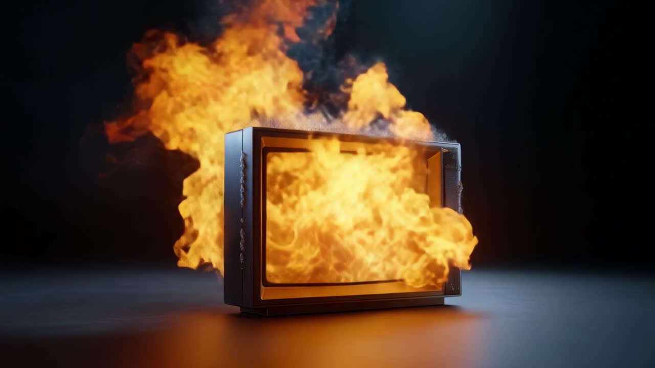 Um forno de micro-ondas em chamas dramáticas, envolto em chamas e fumaça, mostrando o calor intenso e a destruição causados por uma explosão interna.