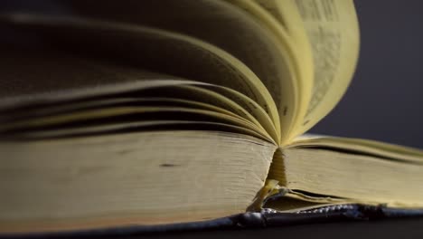 slow motion, close up of an old, vintage, open book with pages turning on the wind, on a dark room with few light, with black surroundings