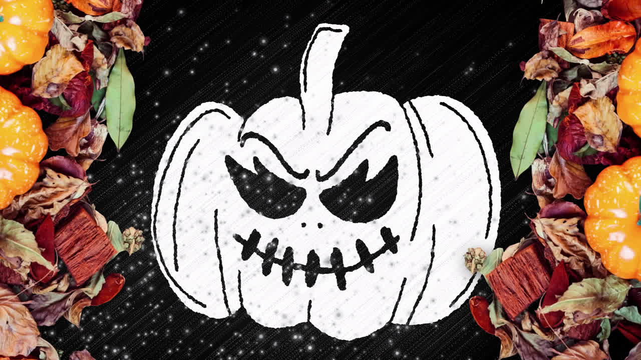 White stylized jack-o-lantern glowing center featuring flat design autumn potpourri pumpkins leaves