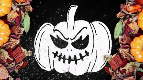 white stylized jack-o-lantern glowing center featuring flat design autumn potpourri pumpkins leaves