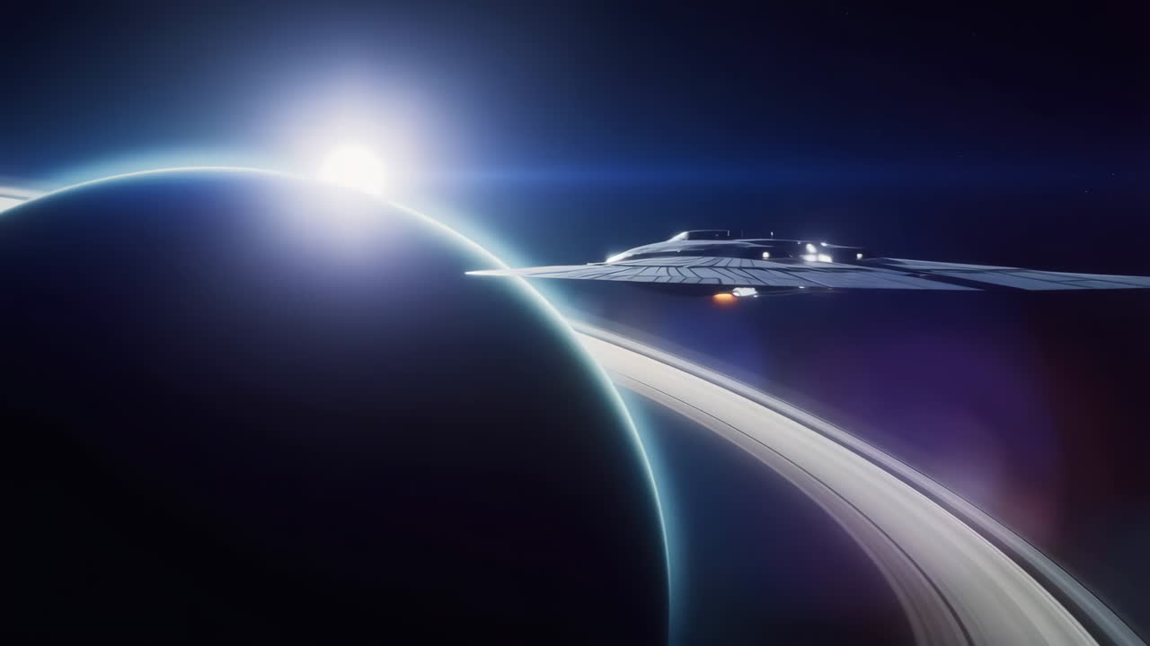 Sci-fi Spaceship Orbiting a Ringed Planet