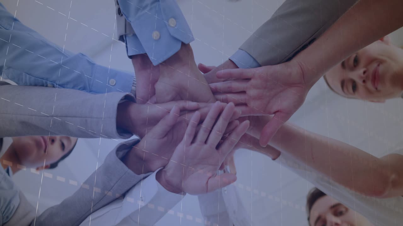 Business team stacking hands celebrating, pressing, lifting, revealing faces, bar charts animating