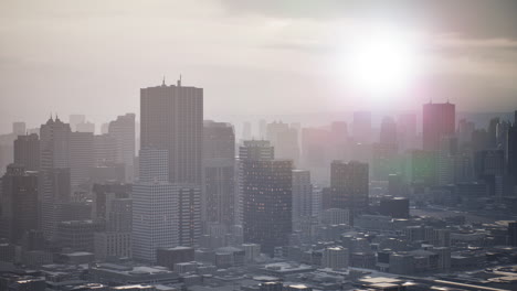 skyline aerial view at sunset with skyscrapers