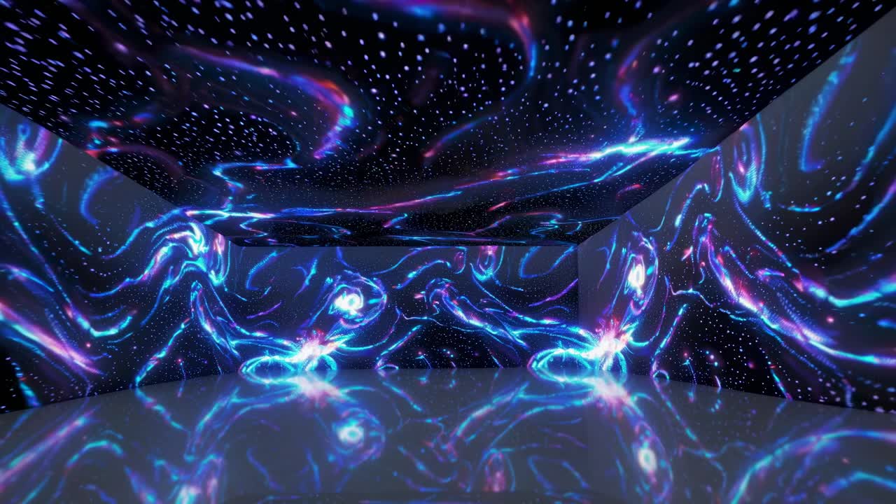 Immersive video art installation with swirling neon lights and starry patterns