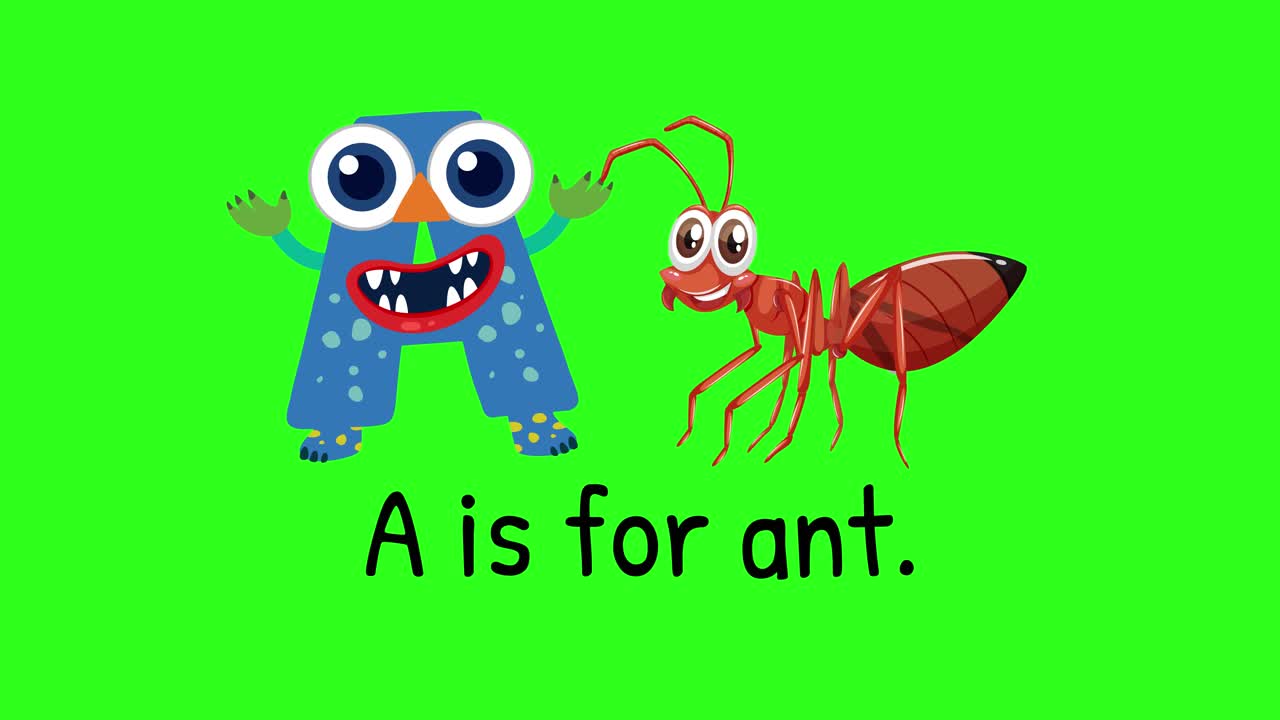Animated letter A and ant on green background, playful style, vibrant colors, educational theme, 12-second duration