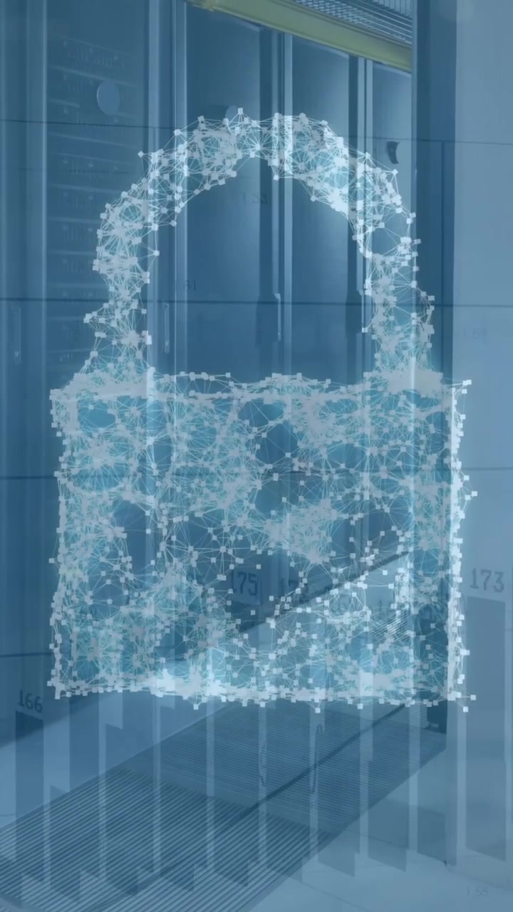 Animation of security padlock and cloud icon over statistical data processing against server room