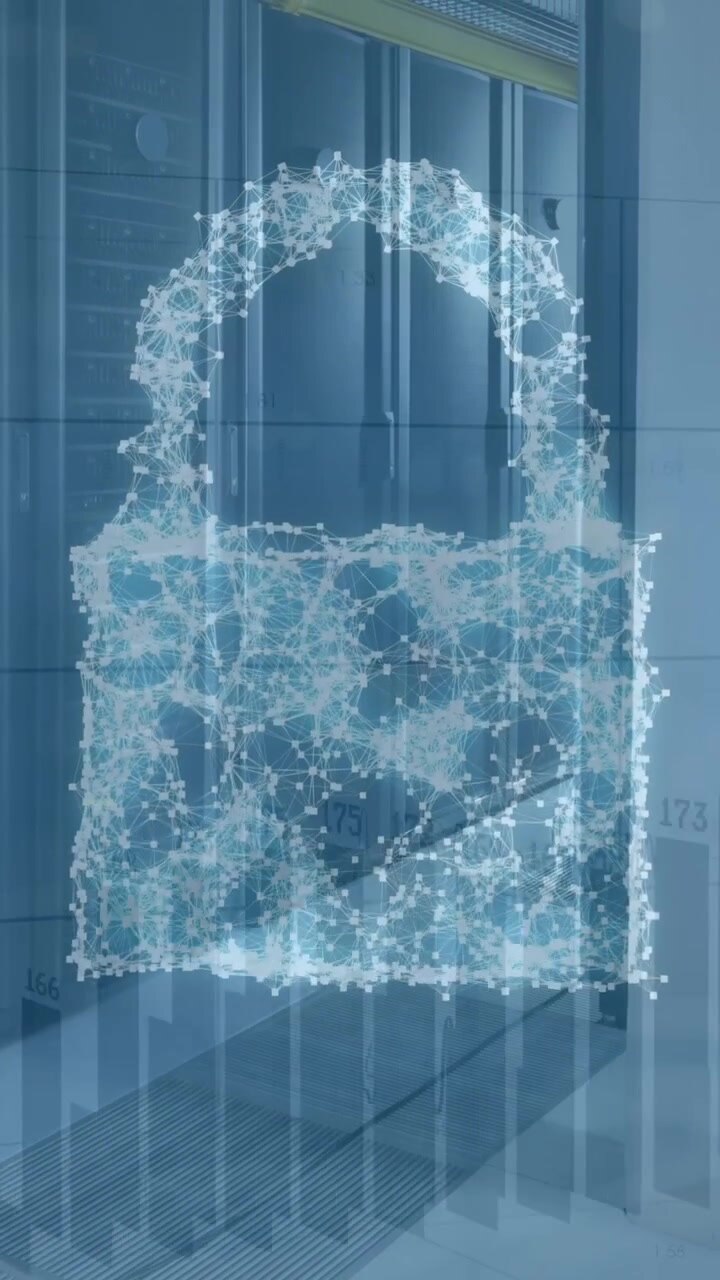 Animation of security padlock and cloud icon over statistical data processing against server room