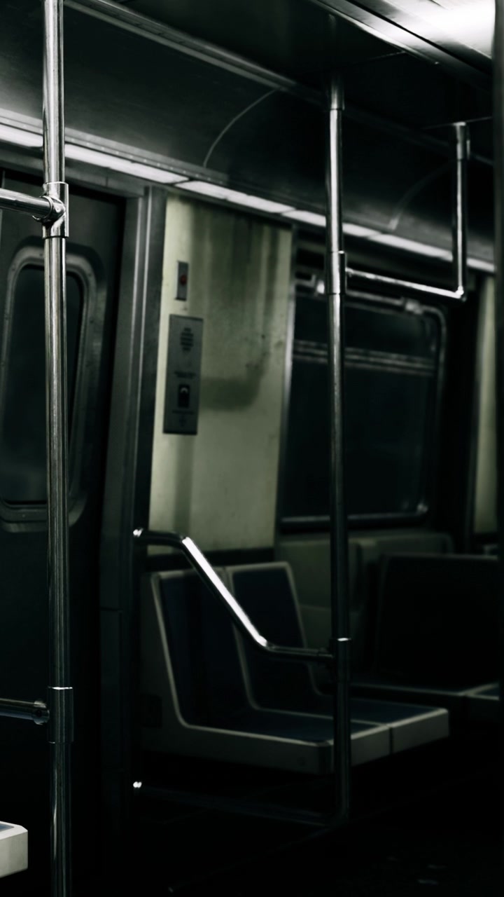 Vagone della metropolitana vuoto in ambiente urbano a tarda notte.