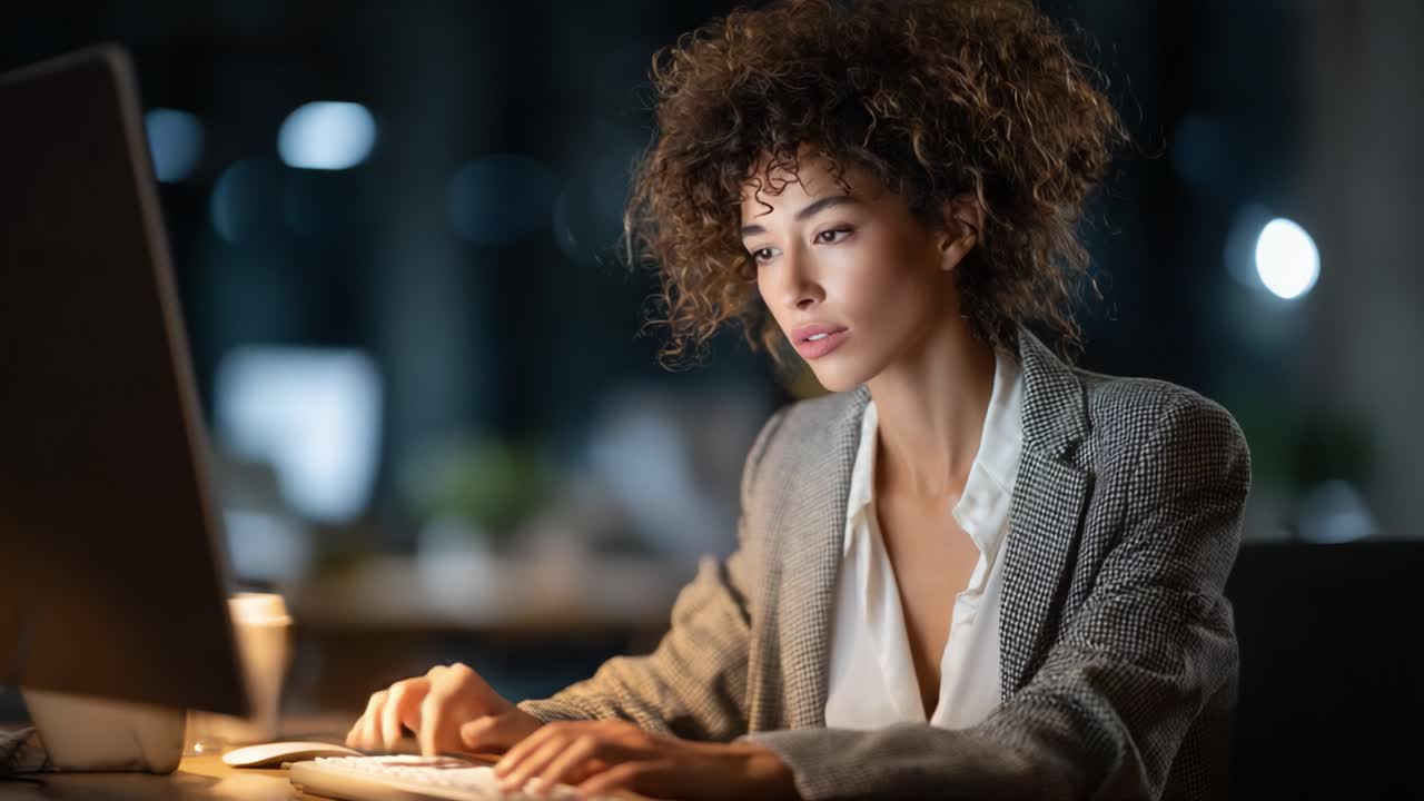 Focused Professional Working Late at Night on Computer in Modern Office Setting, Engaged in Tasks with Determination and Concentration Reflecting Commitment to Excellence