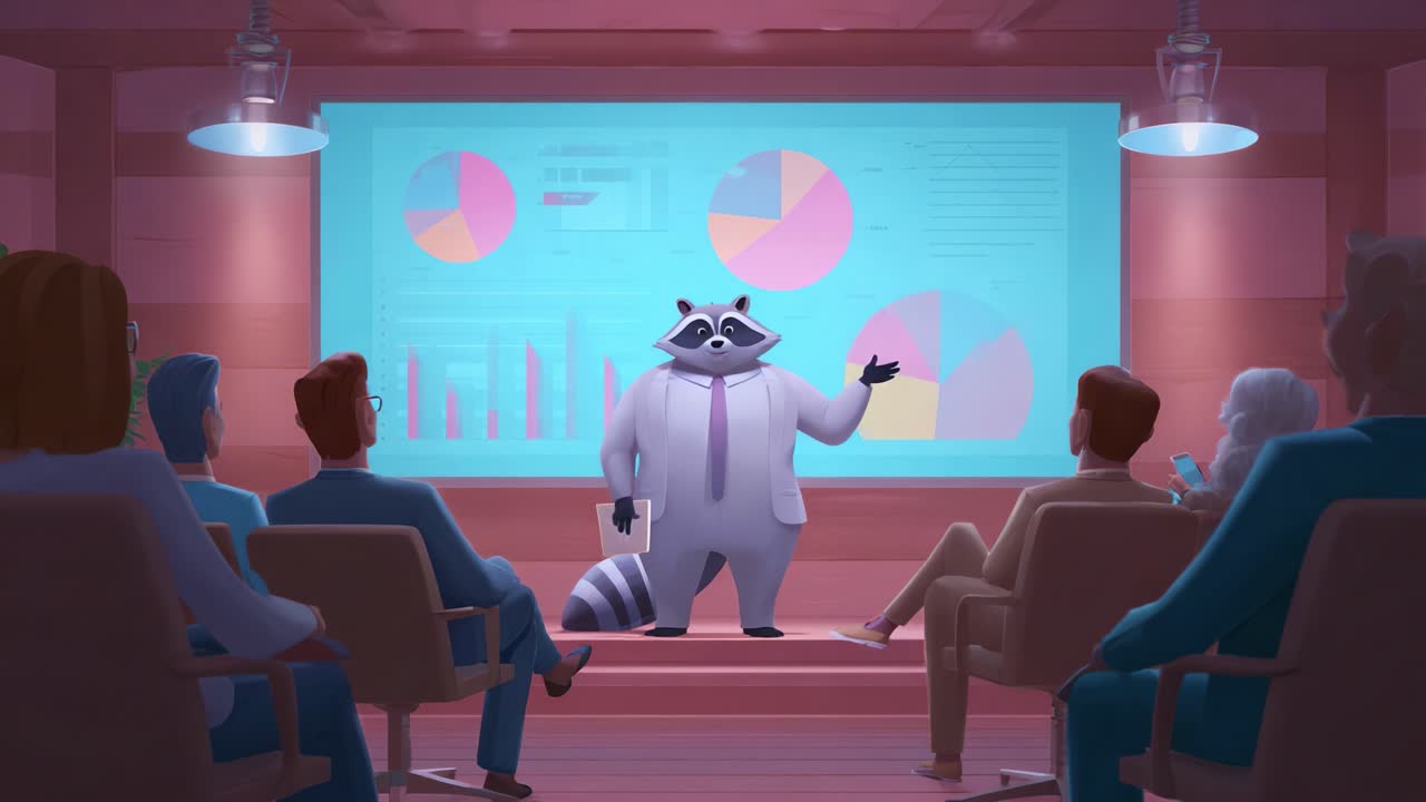 An animated raccoon character confidently presents data insights in a modern conference room setting, engaging an audience with vibrant graphics and statistics on a large screen