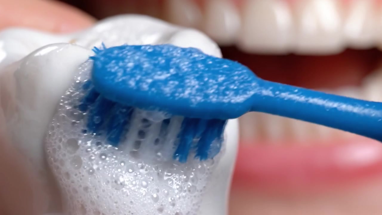 Técnica eficaz de cepillado dental: Asegurando una higiene bucal adecuada con pasta de dientes espumosa y un cepillo azul para dientes y encías sanos