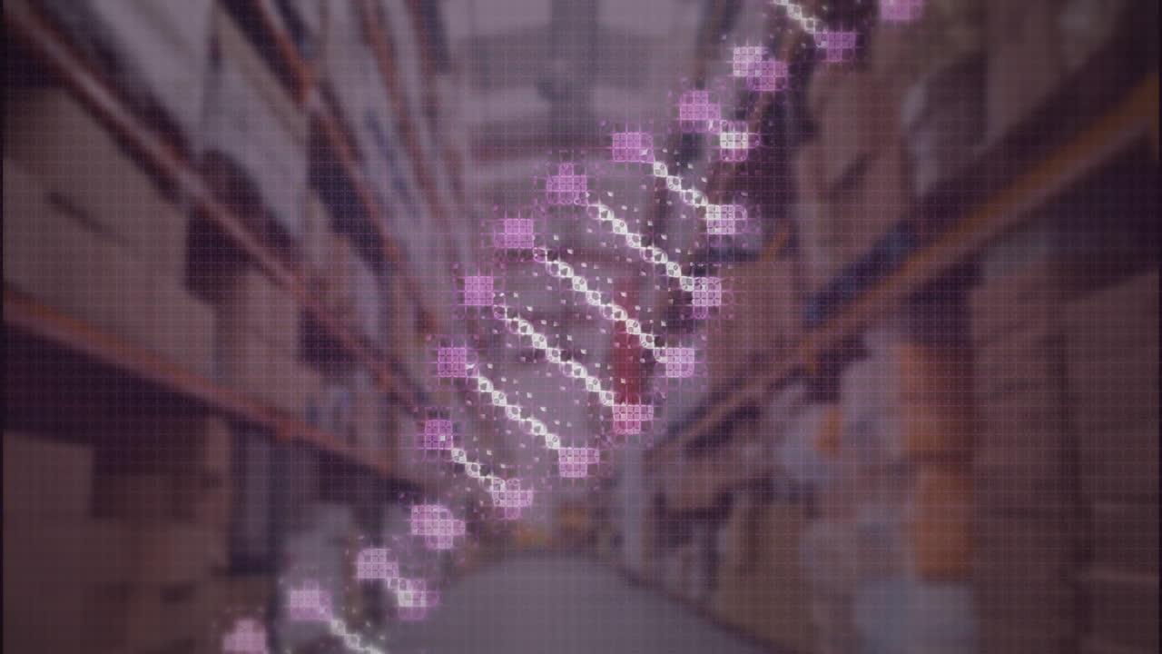 DNA strand animating above warehouse shelves filled with boxes in motion