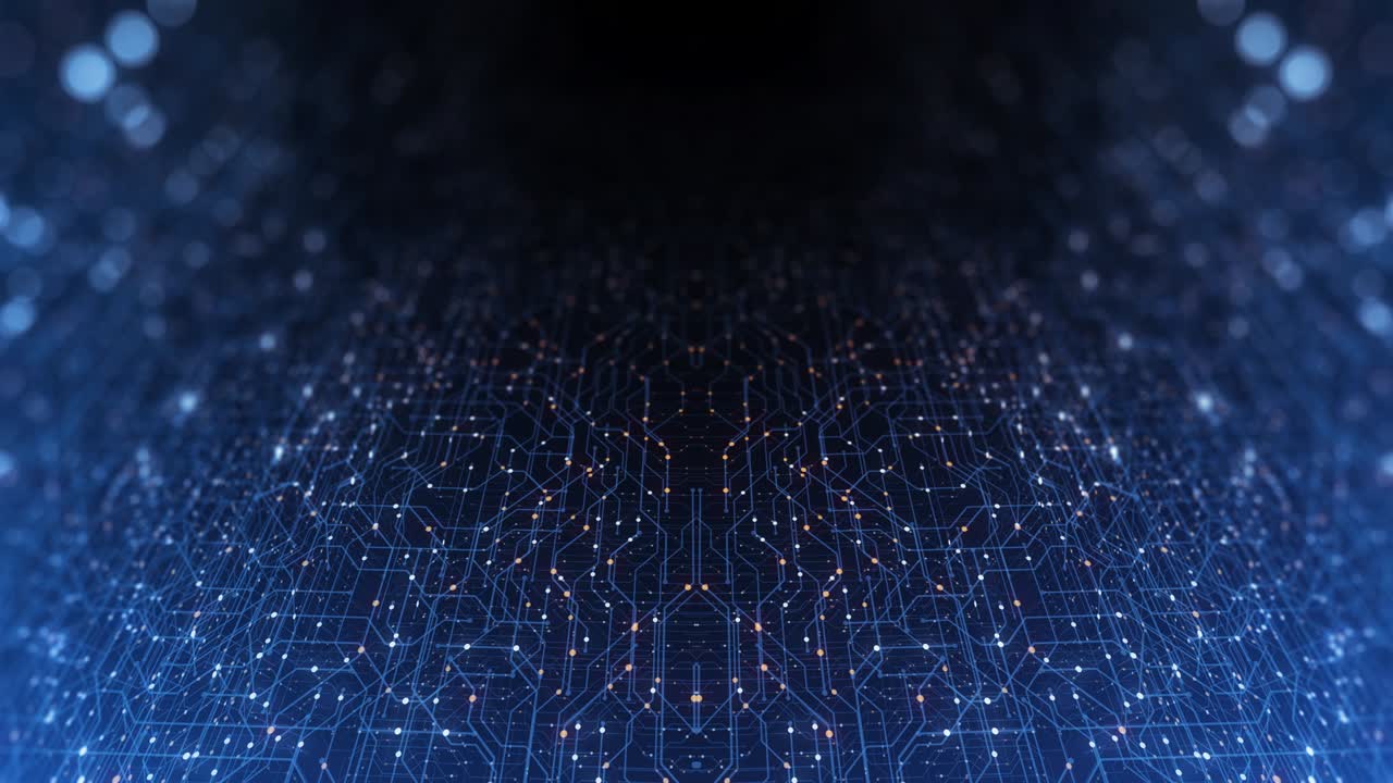 Abstract Circuit board. Electronic computer hardware technology. Motherboard digital chip. Matrix particles grid virtual reality. Network communication. Information CPU. 3D render, 4K seamless loop