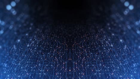placa de circuitos abstractos. tecnología de hardware de computadoras electrónicas. chip digital de placa base. cuadrícula de partículas de matriz realidad virtual. comunicación de red. cpu de información. renderizado 3d, bucle sin costuras 4k