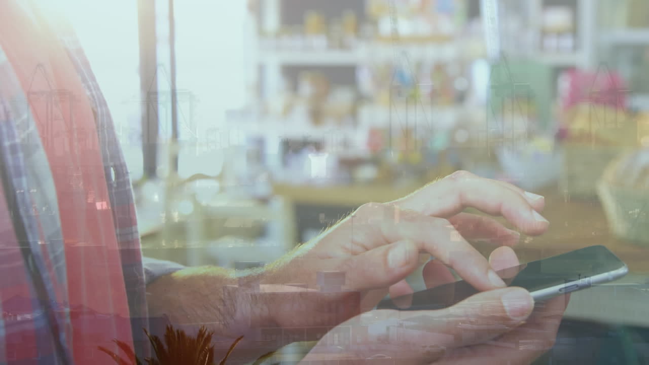 스마트폰 을 사용하는 백인 사업가 에 대한 도시 풍경 의 애니메이션