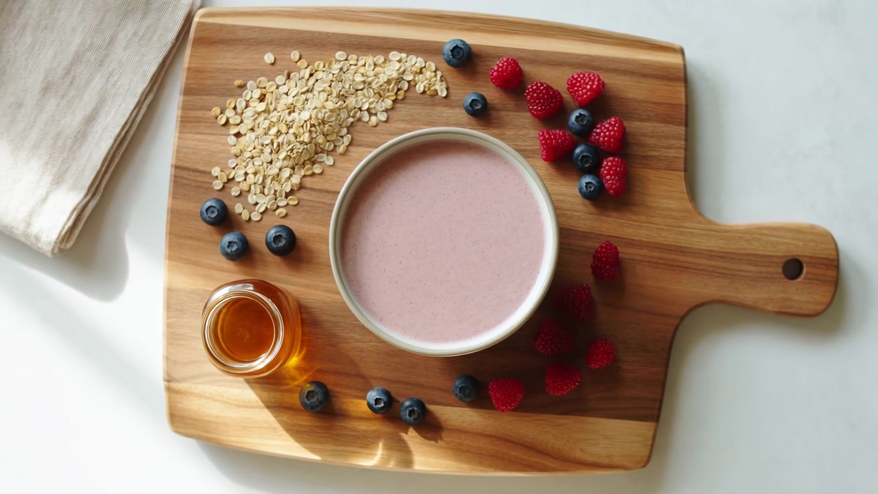 Una vista dall'alto si allarga gradualmente attorno a una ciotola di ceramica di smoothie rosa pallido, con avena sparsa e frutti di bosco freschi disposti su legno caldo accanto a un piccolo barattolo sotto una luce naturale brillante.