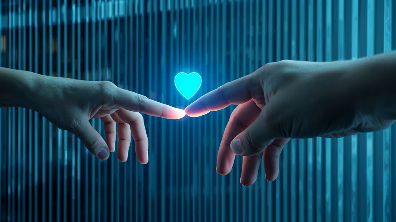 Glowing soft blue light causing two hands reaching in studio, forming cyan heart, showing affection