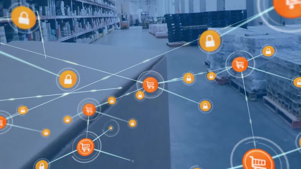 animación de la red de conexiones con iconos sobre el hombre que trabaja en el almacén