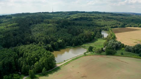 Toma-Aérea-De-Un-Lago-Junto-Al-Bosque-Y-El-Campo-Durante-El-Verano