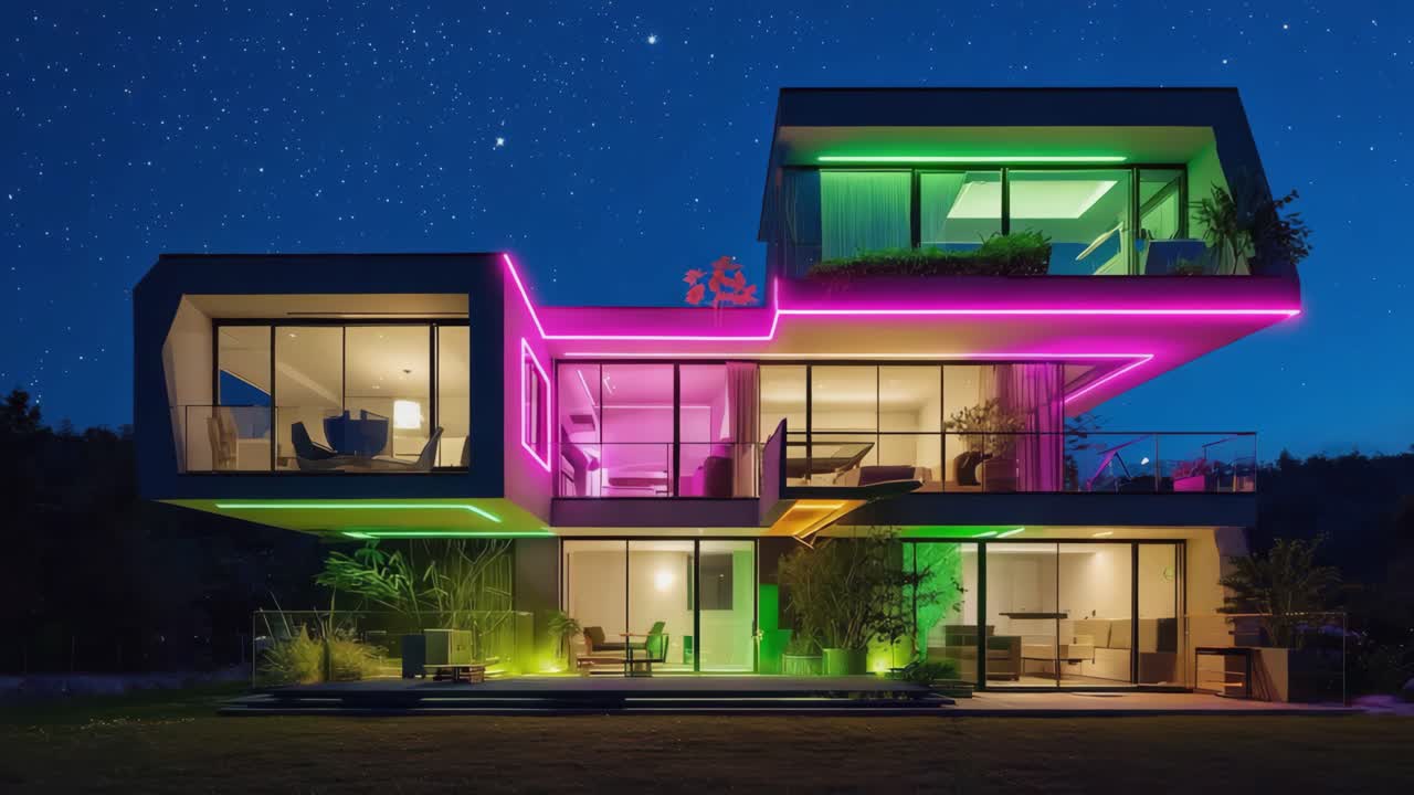 Modern Luxury Home at Night with Neon Lighting