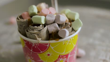 rolled ice cream with marshmallows and caramel
