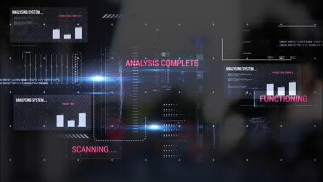 Animation-of-texts,-graphs,-lines,-loading-bars-and-computer-language-over-modern-buildings