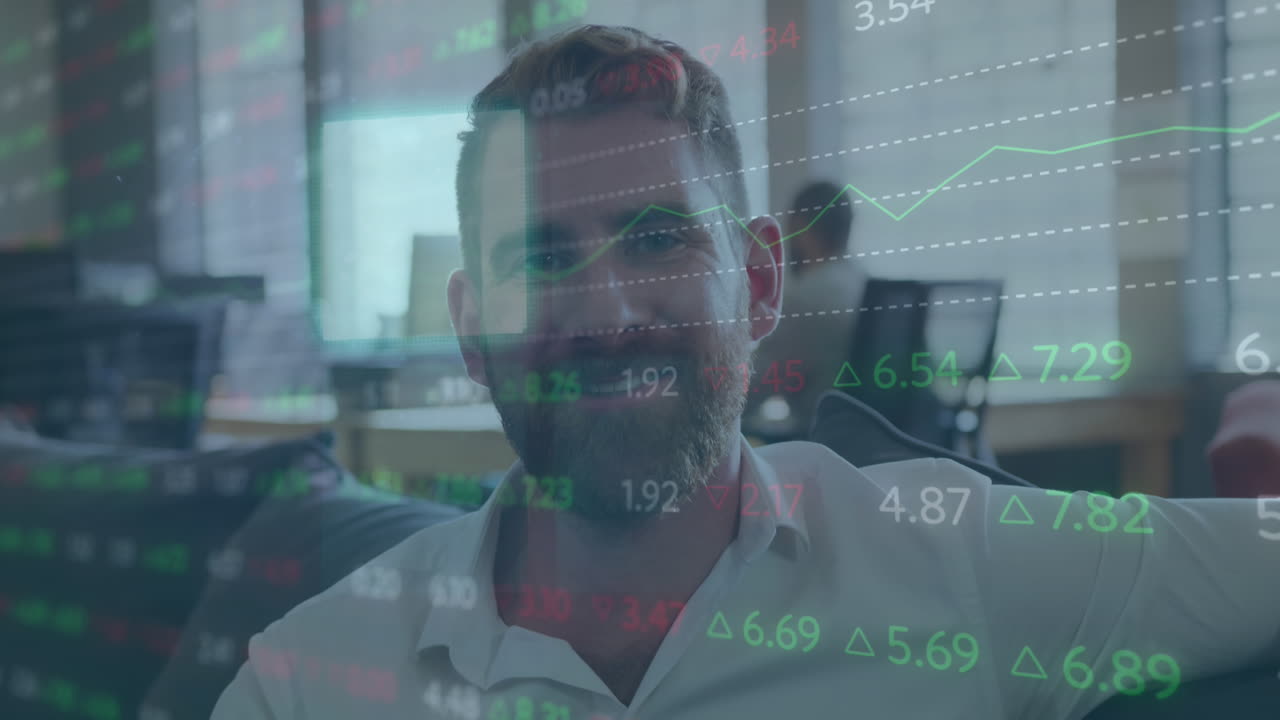 Animation of stock market data processing and sqaure shapes over caucasian man smiling at office