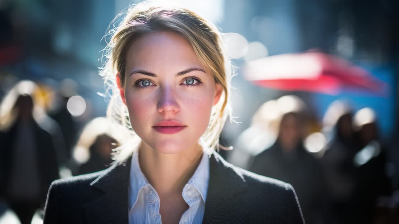 Una donna sicura di sé si distingue in mezzo a una folla vivace, mostrando forza e concentrazione mentre si muove attraverso un vibrante paesaggio urbano pieno di vita ed energia