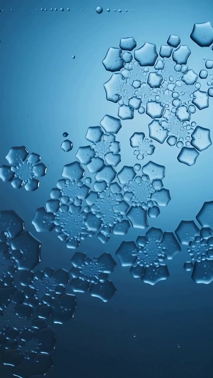 Video verticale: Nucleazione iniziale che forma goccioline esagonali trasparenti che si muovono verso il bordo su un pannello blu.