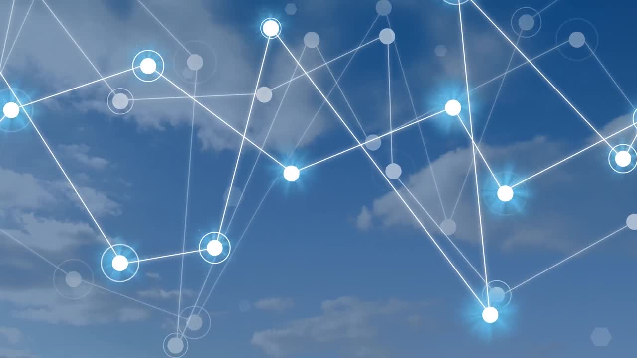 구름이 있는 하늘 위에 반이는 반점으로 연결된 네트워크의 애니메이션