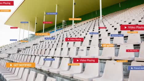 Animation-Von-Social-Media-Symbolen-Auf-Bannern-über-Leeren-Tribünen-Im-Sportstadion