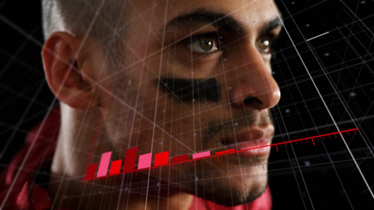 Athlete securing red football in grid, visualizing sports analytics with growing holographic bars