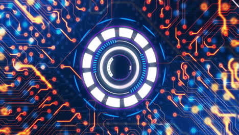 animation of computer circuit board over scope scanning on black background