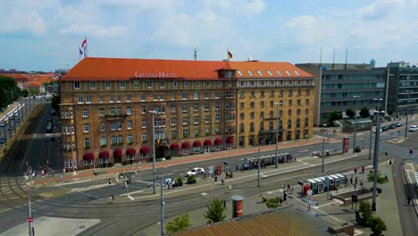 4k aerial drone video of the grand hotel in downtown nurnberg, germany