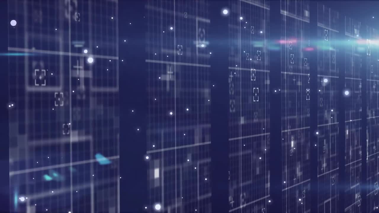 White particles moving against computer servers